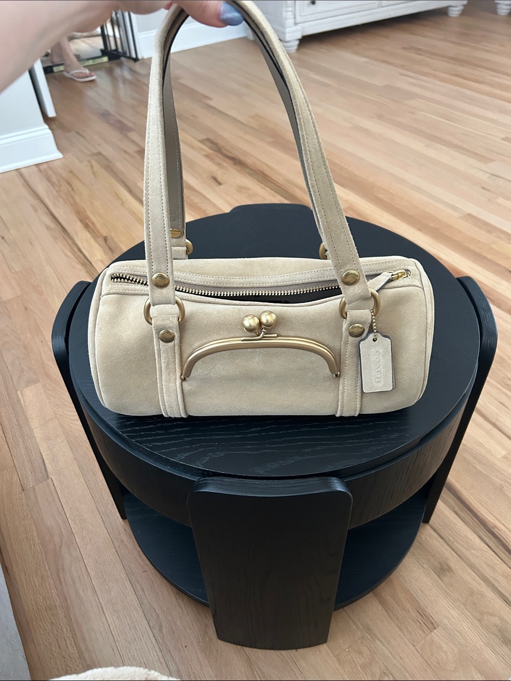 Coach Beige Suede Barrel Bag with Gold Hardware regular size